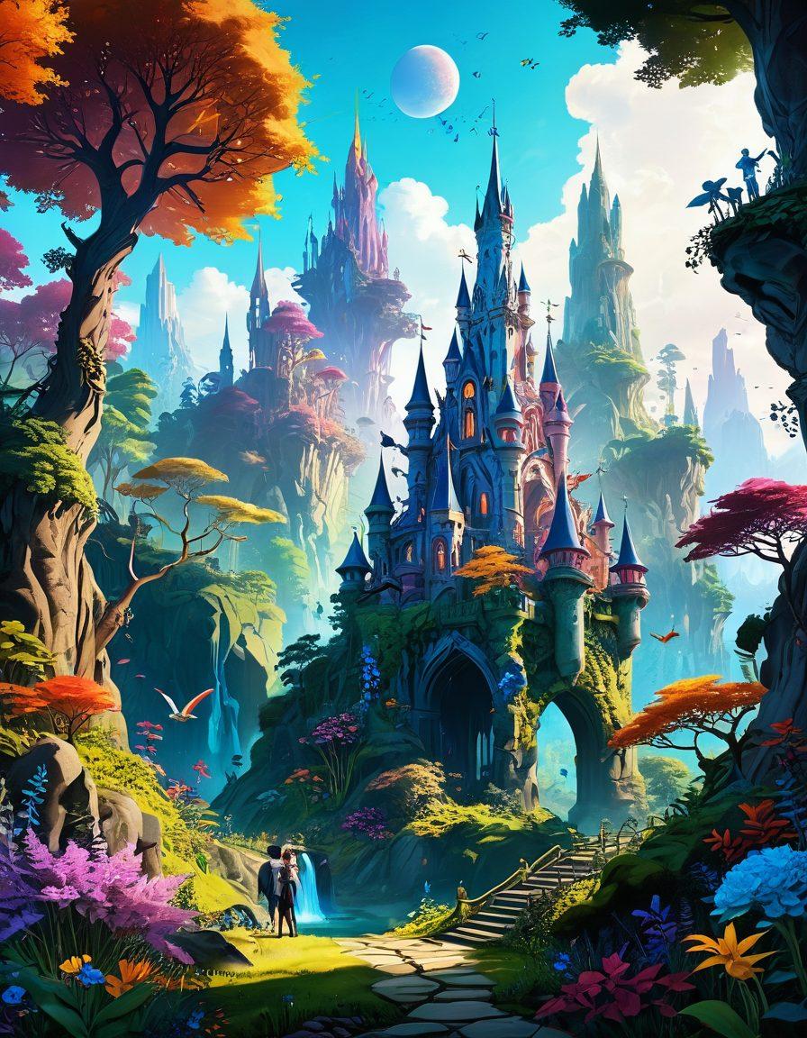 A whimsical landscape depicting a vibrant fantasy world where adult animation characters come to life, showcasing elements of magical forests, colorful creatures, and fantastical architecture. Include characters in playful poses, merging erotic elements with fantasy aesthetics. The scene should evoke a sense of wonder and adult allure, with bright and contrasting colors. surreal art style. vibrant colors. dynamic composition.